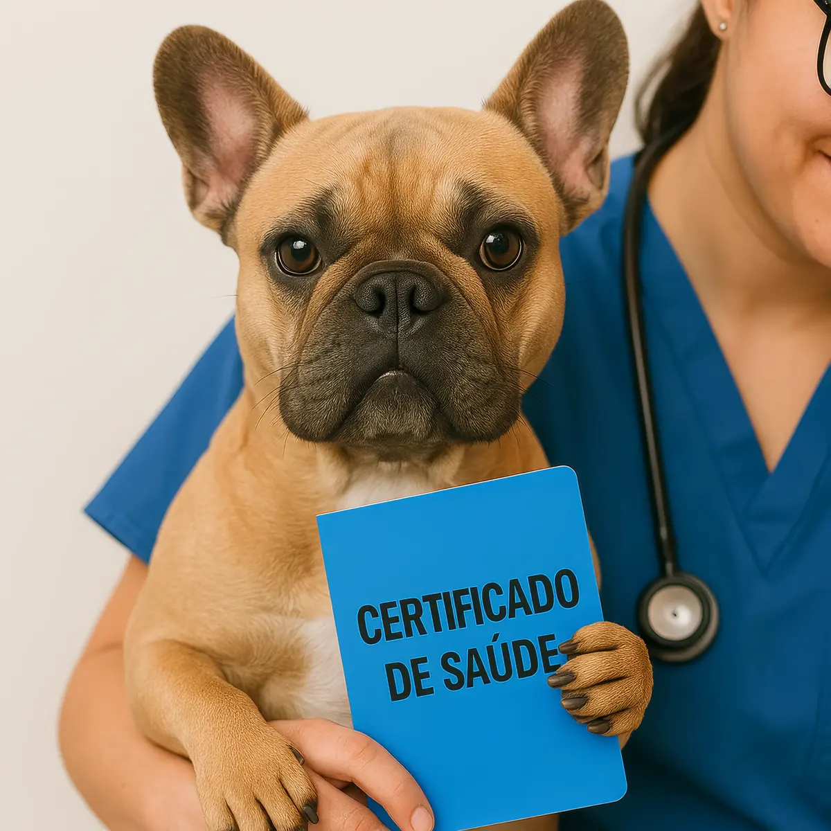 Veterinária emitindo atestado de saúde para cão Bulldog Francês viajar - Vet do Pet Arraial d'Ajuda