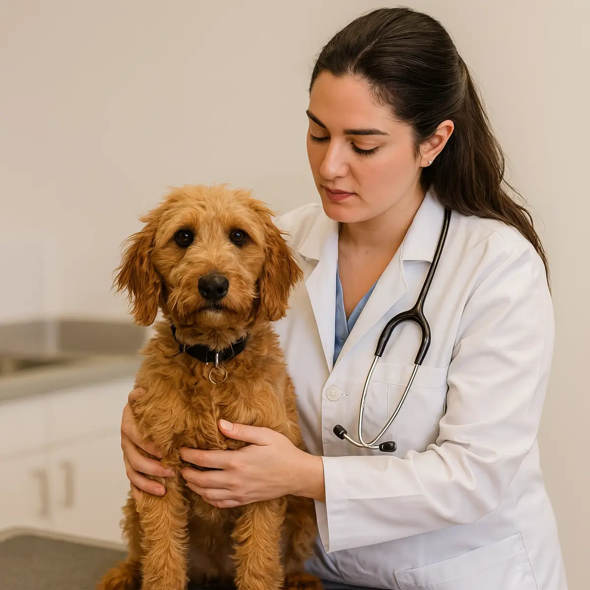 Veterinária realizando consulta em cão Goldendoodle na Vet do Pet em Arraial d'Ajuda
