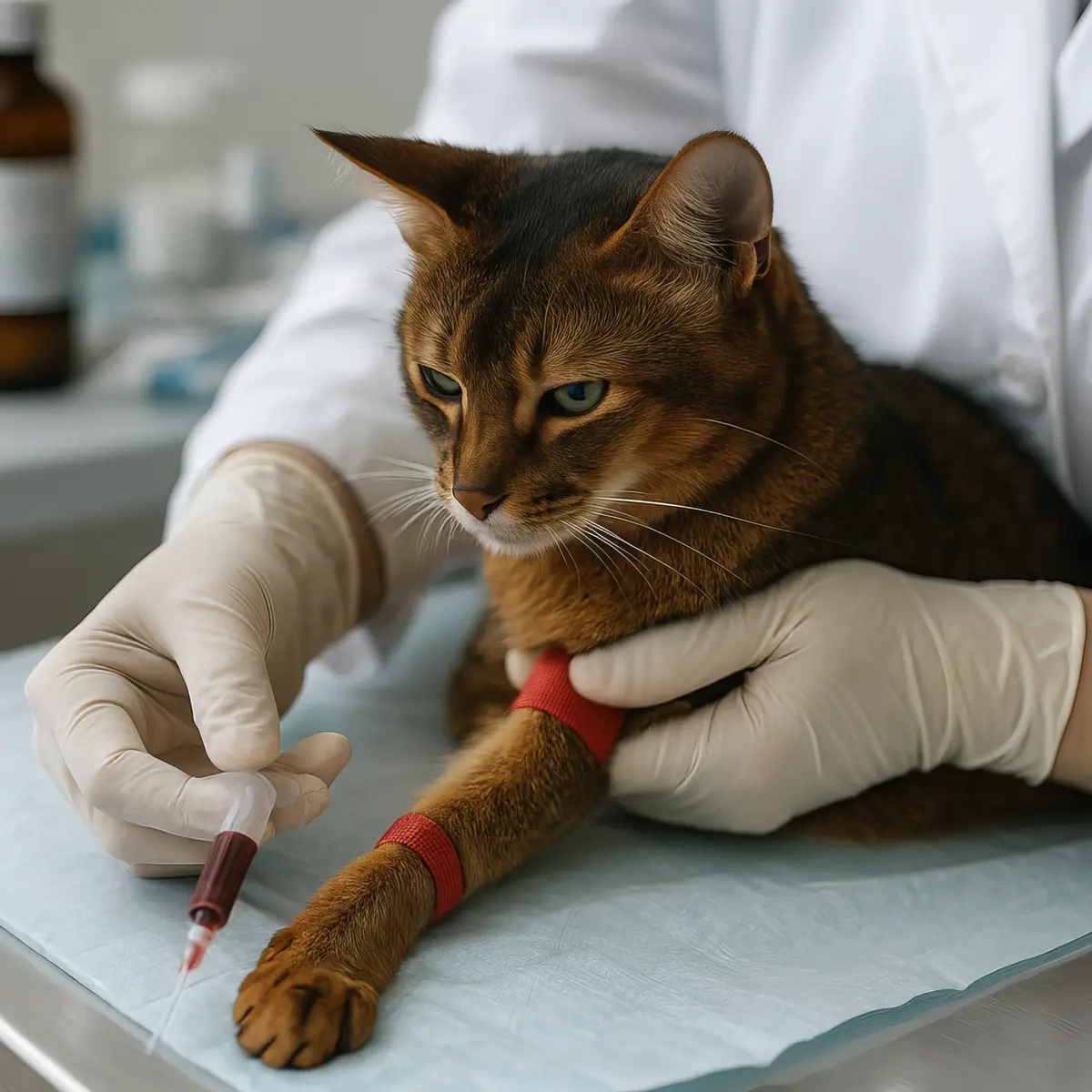 Veterinário coletando sangue de gato Abissínio para exames laboratoriais na Vet do Pet em Arraial d'Ajuda