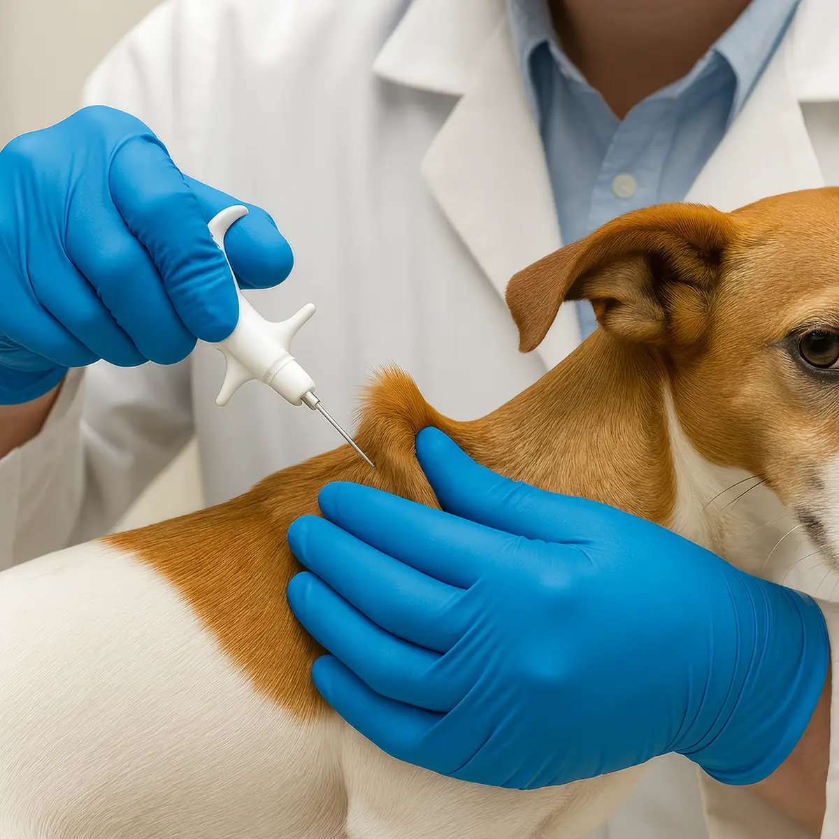 Veterinário aplicando microchip em cão Jack Russell na Vet do Pet em Arraial d'Ajuda