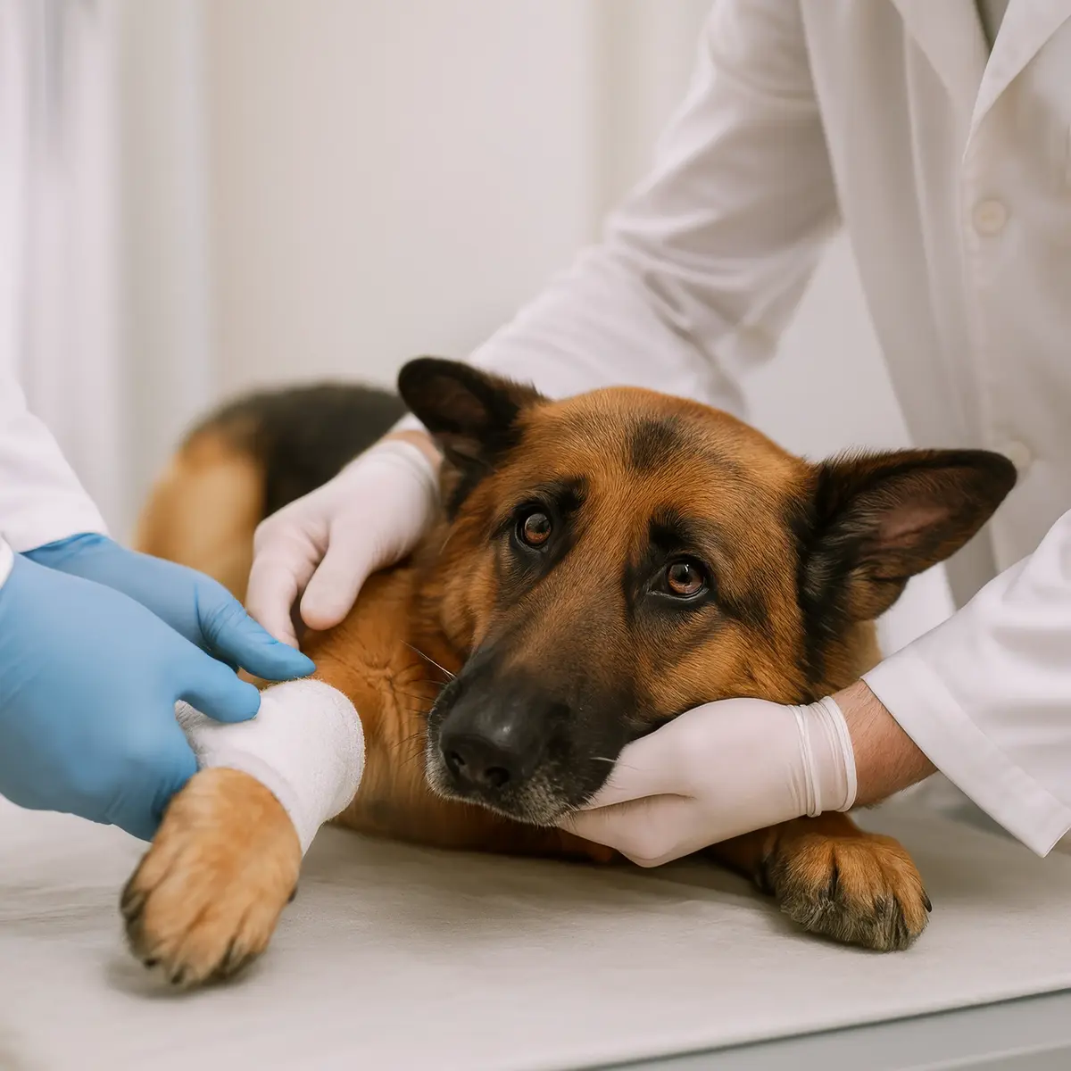 Veterinários realizando curativo na pata de Pastor Alemão na Vet do Pet em Arraial d'Ajuda