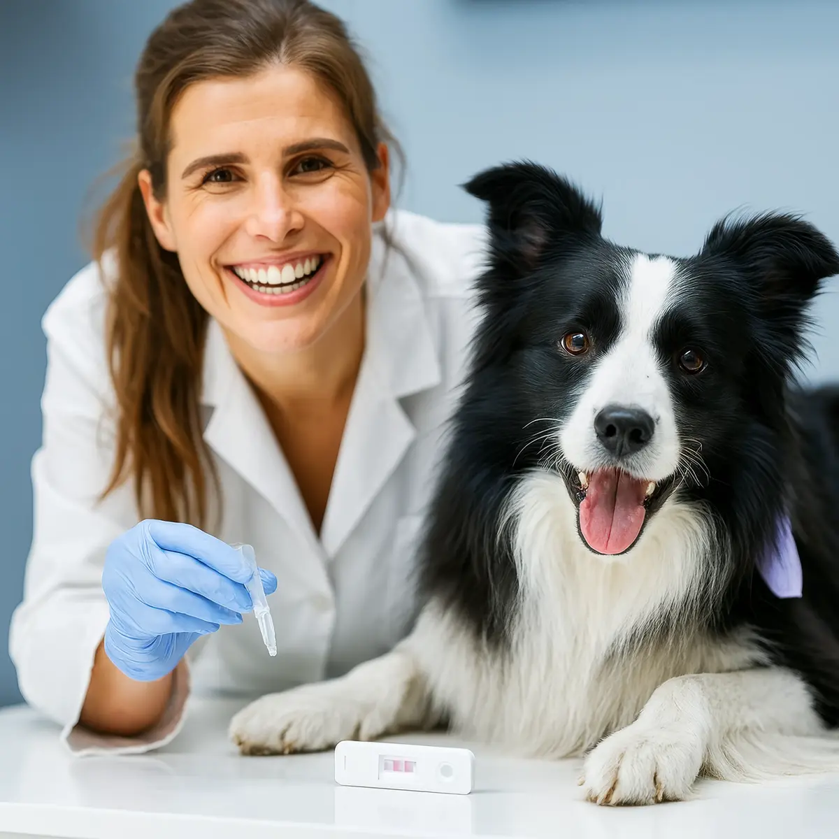 Veterinária mostrando resultado de teste rápido para cão Border Collie na Vet do Pet em Arraial d'Ajuda