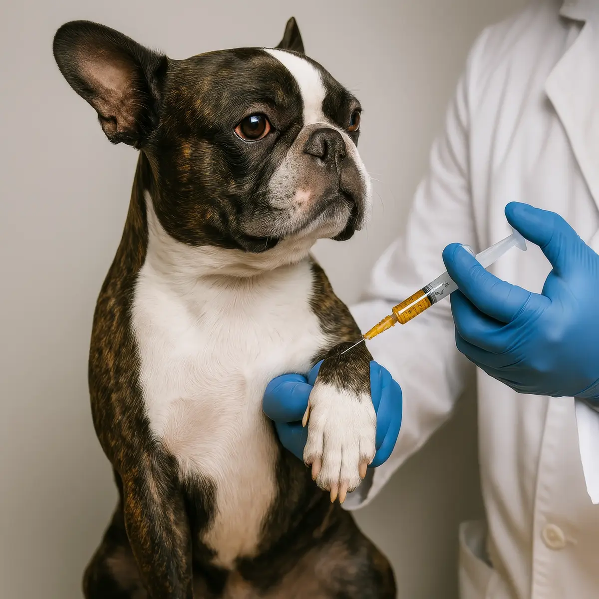 Veterinário aplicando vacina em cão Boston Terrier na Vet do Pet em Arraial d'Ajuda