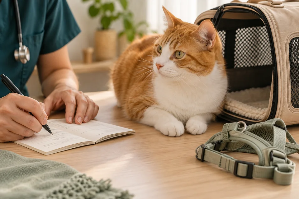 Pet acompanhado de itens de viagem.