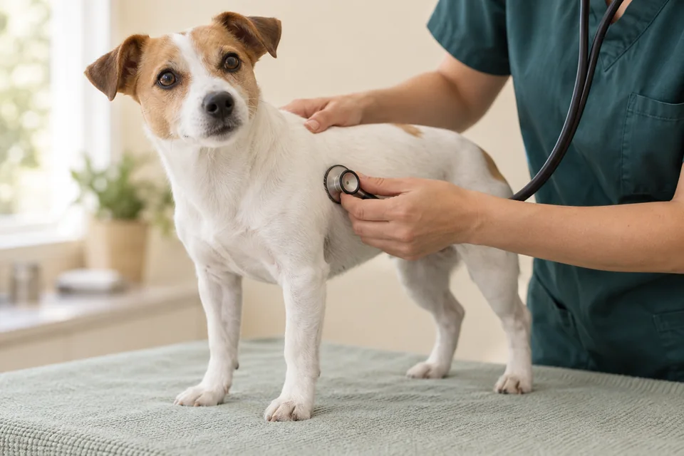 Cão acompanhado durante uma avaliação veterinária.