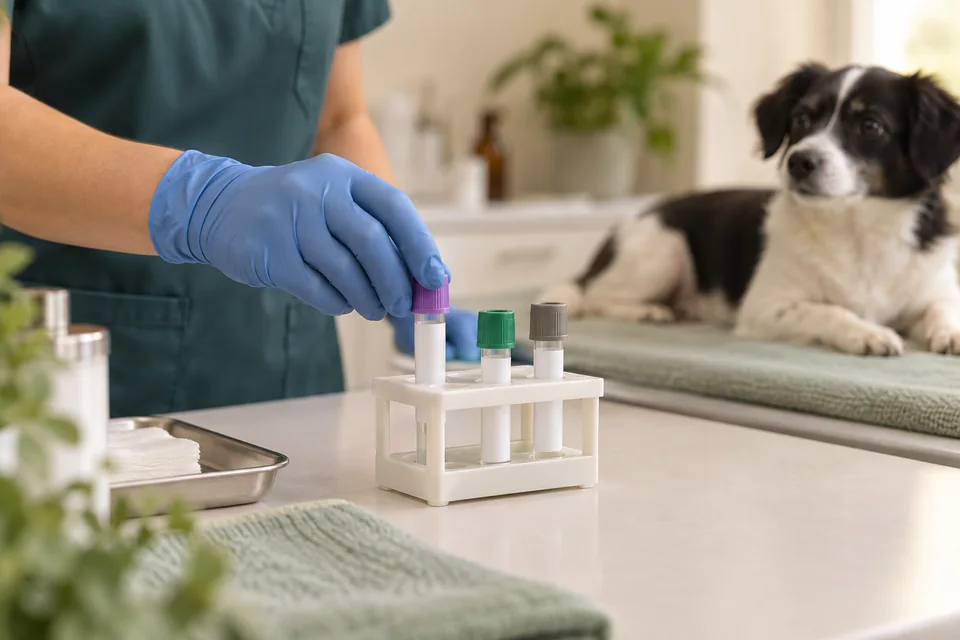 Materiais para análises laboratoriais veterinárias.