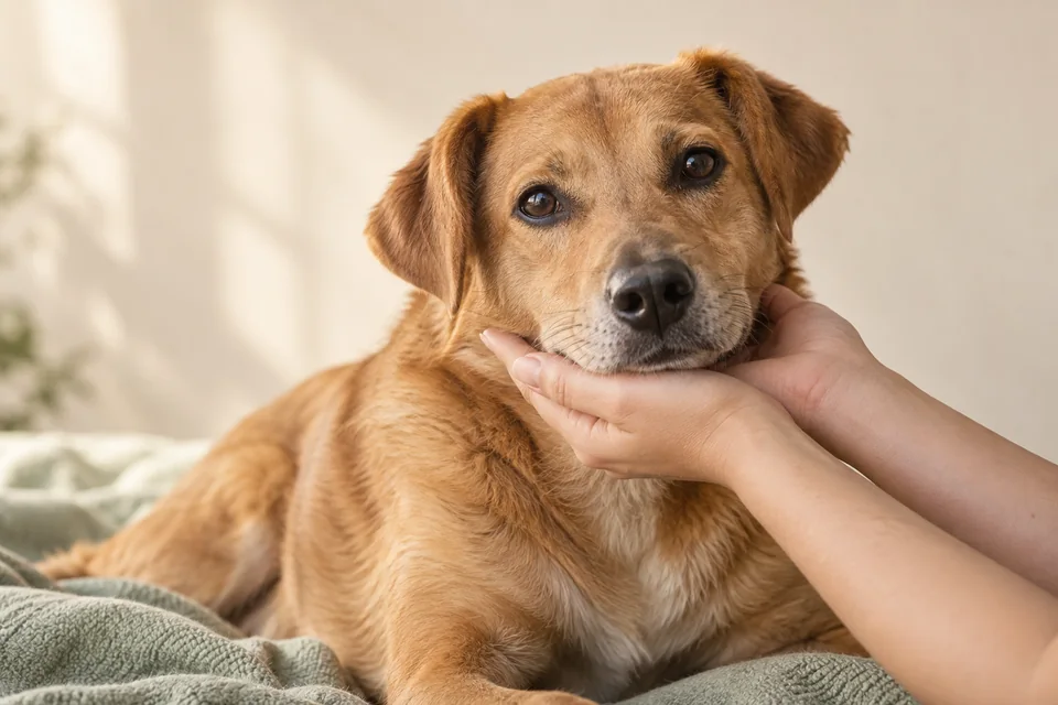 Cão caramelo com o queixo apoiado nas mãos do tutor.
