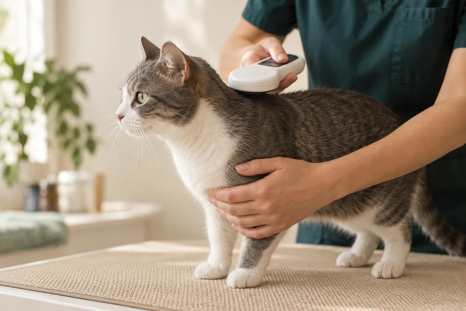 Identificação de um pet com leitor de microchip.