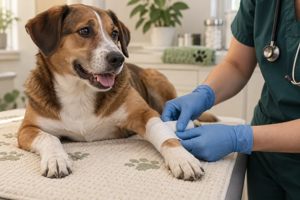 Cão recebendo cuidados ambulatoriais.