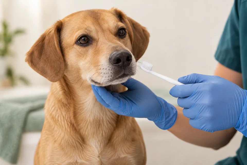 Cão conhecendo uma escova durante orientação de higiene bucal.