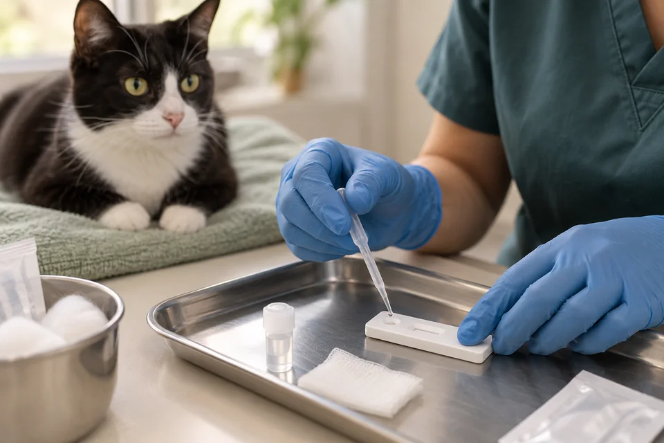 Cuidado veterinário de um gato e materiais para testes rápidos.