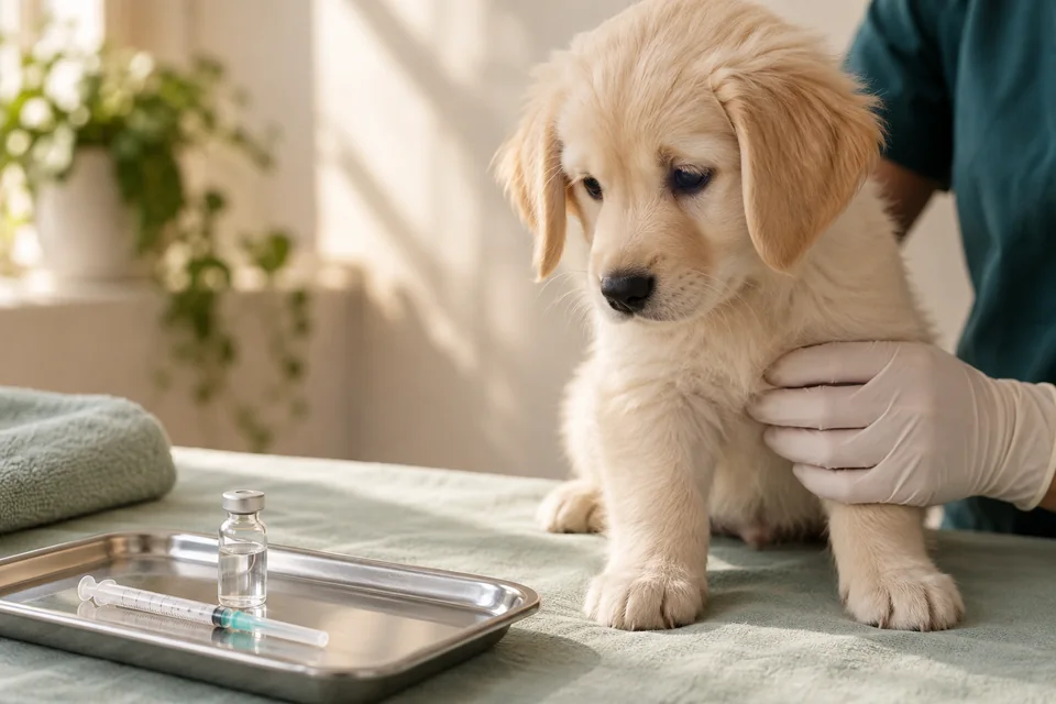 Cuidado preventivo durante a vacinação de um cão.